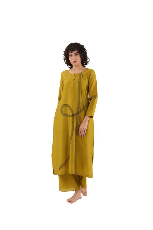 Olive Green Embroidered Kurta and Pants Co-ord Set — Khat