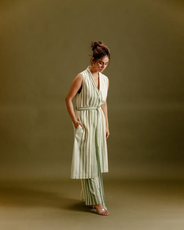 Buttery Yellow Striped Trench Co-ord Set with Belt — SUBBAH