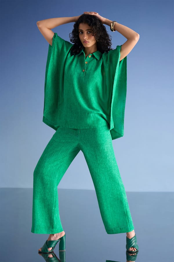Green Linen-Blend Kaftan Top with Wooden Buttons — Dash and Dot