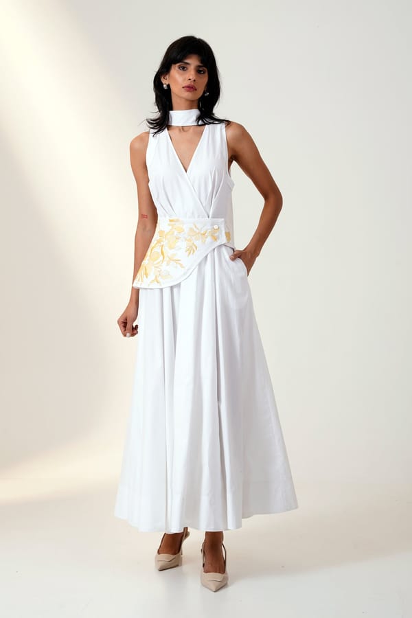 White Cotton Poplin Sleeveless Maxi Dress with Corset Belt — Madder Much