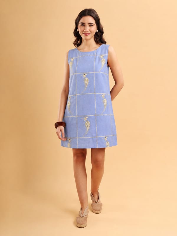 Ice Blue Sleeveless Embroidered Shift Mini Dress — ANISETTE