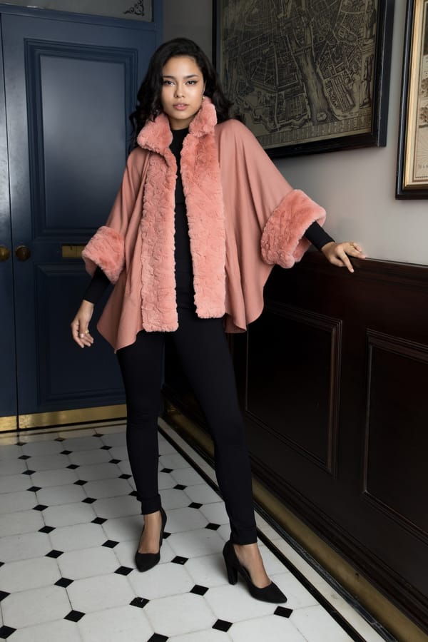 Rose Pink Wool Twill Cape with Fur Trim — Rhe-Ana