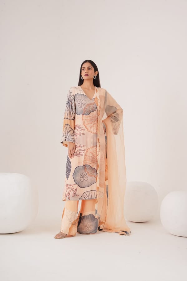 Pink Printed Straight Kurta Set with Organza Dupatta — SHRISTICHETANI