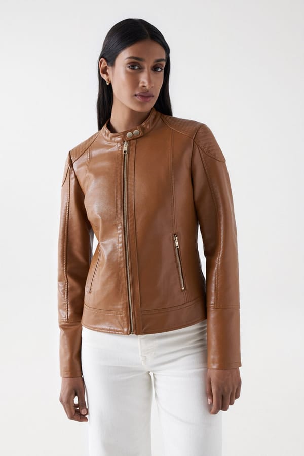 Light Beige Leather-Effect Slim Fit Jacket — SALSA JEANS