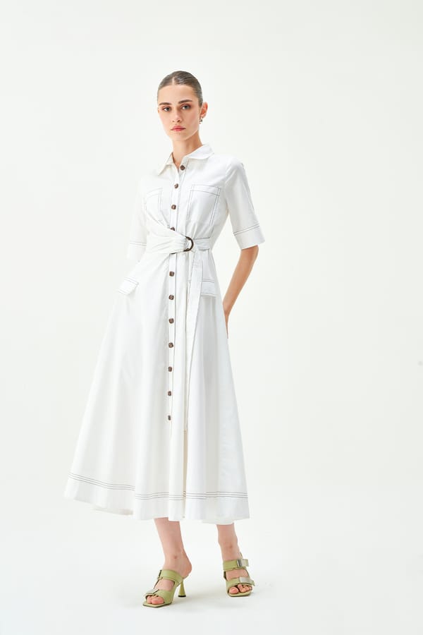 White Cotton Poplin Belted Midi Shirt Dress — NOTEBOOK
