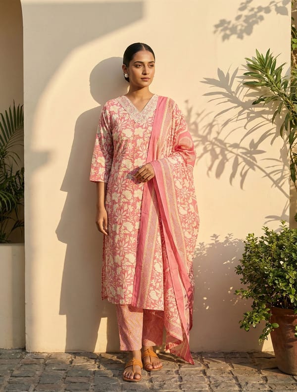 Pink Floral Print Kurta Pant Dupatta Set — Truebrowns