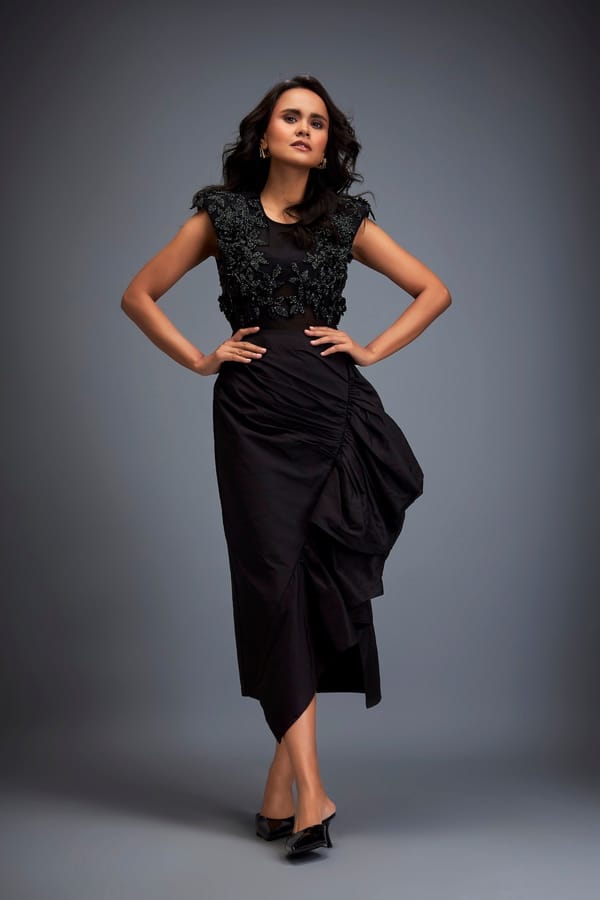 Sheer Swarovski Leaf Top With Asymmetric Skirt — Deepika Arora