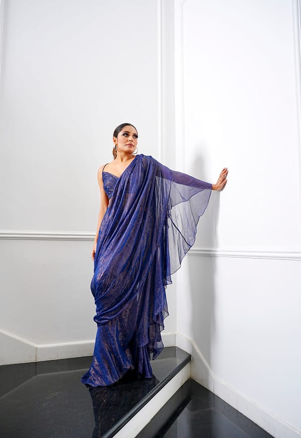 Midnight Blue Shimmer Pre-Stitched Ruffle Saree Set — AMRTA BY GUNEET KONDAL