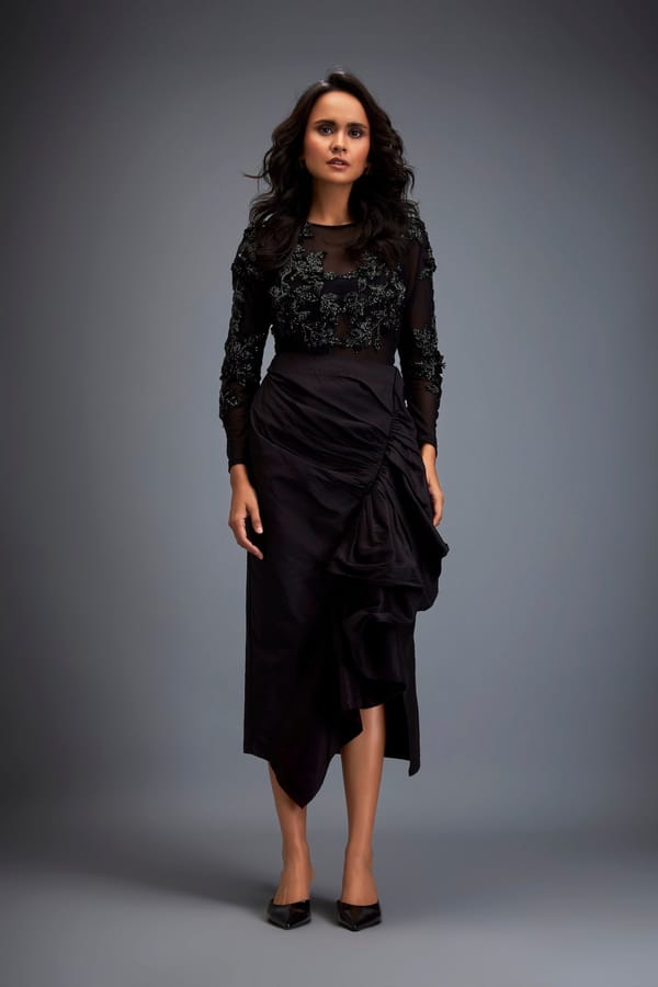 Full-sleeve Swarovski Bodice Top With Asymmetric Skirt — Deepika Arora
