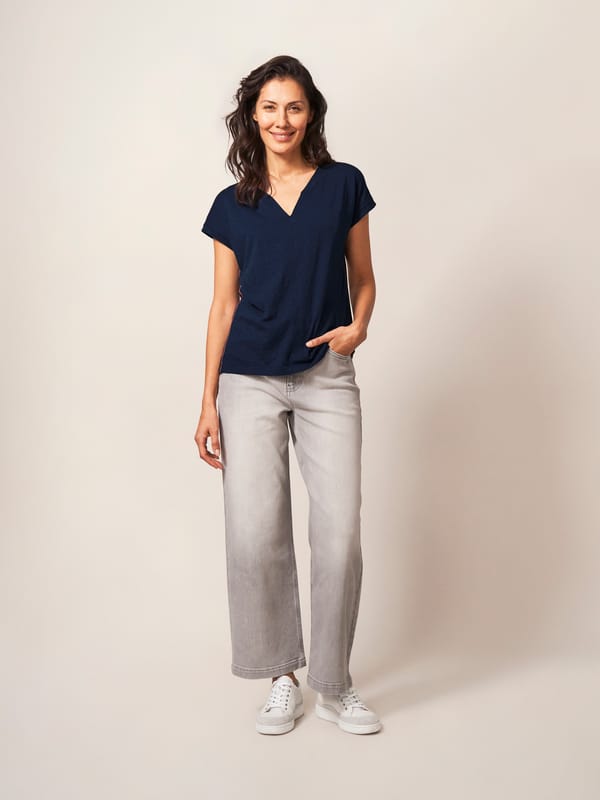 Dark Navy Notch Neck Regular Fit Cotton T-Shirt — White Stuff