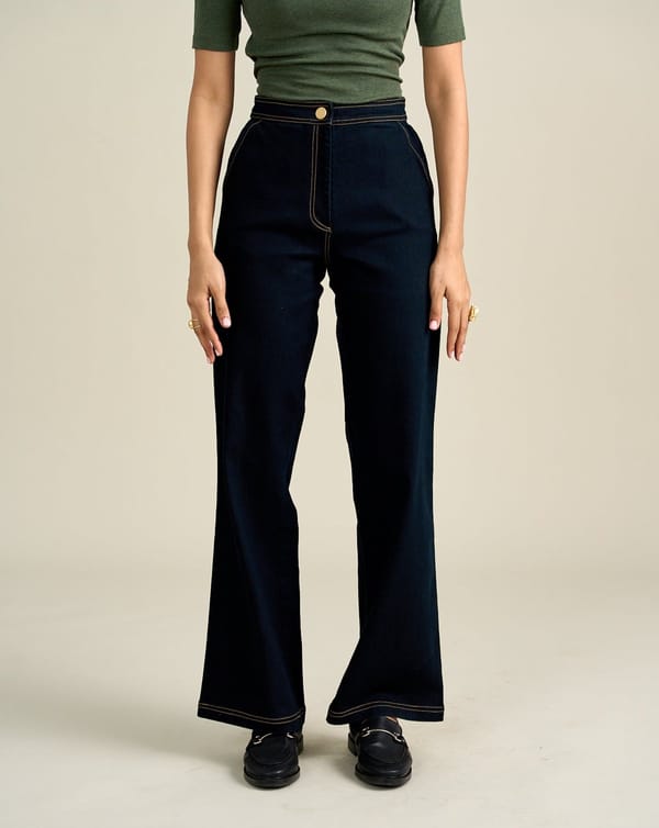 Blue High-Rise Bootcut Cotton Trousers — Style Island