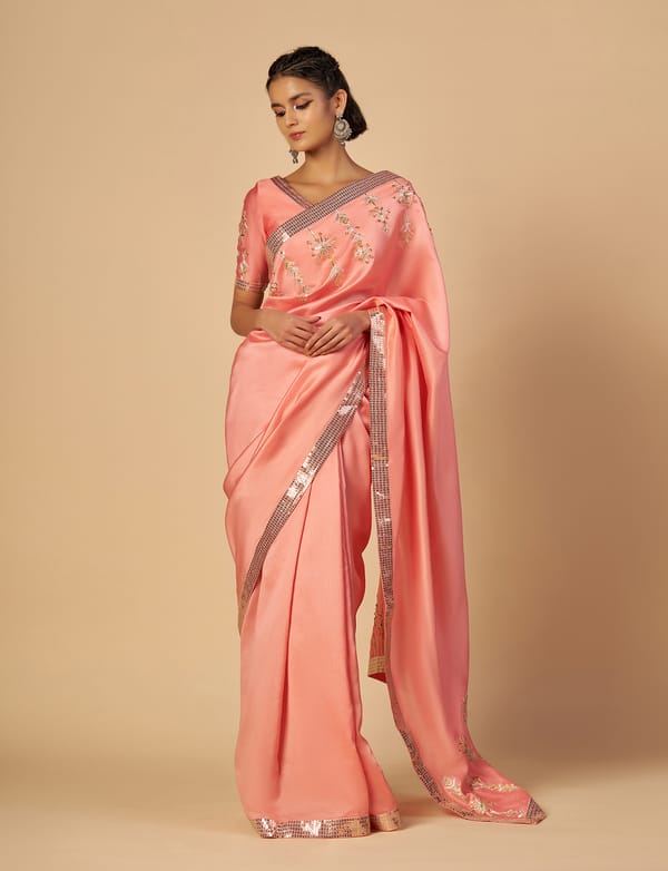Pink Chanderi Saree with Shimmer Border — Gulabo by Abu Sandeep