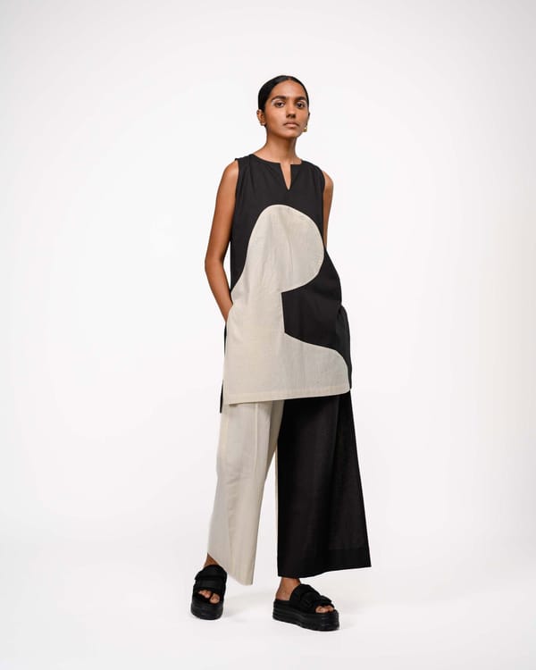 Black and Beige Colorblock Cotton Kurta Set — Ofrida