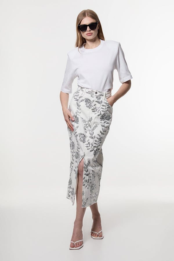 Ivory Denim Floral Sequin High-Waist Midi Skirt — KAREN MILLEN