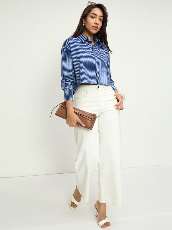 Navy Stripe Straight-Hem Crop Shirt — Femmella