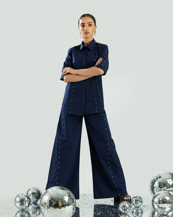 Navy Blue Studded Shirt and Wide-Leg Pants Co-ord Set — Ang-sa