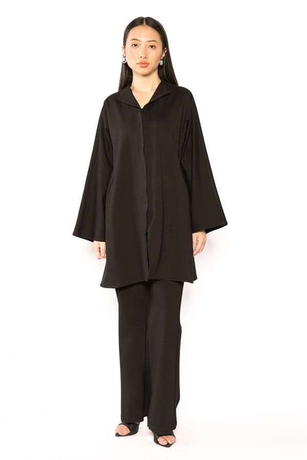 Black Longline Coat and Bell-Bottom Pants Co-ord Set — Contemponari