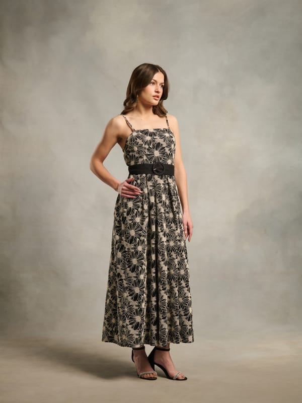 Black and Off-White Schiffli Floral Belted Midi Dress — Style Island
