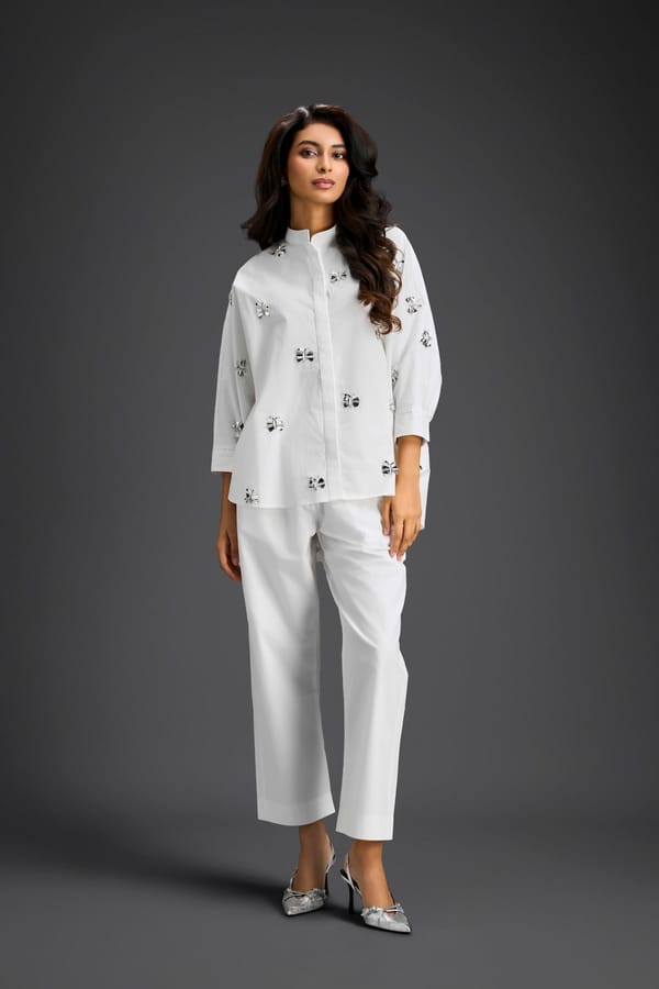 White Butterfly Embellished Pleated Shirt & Pants Set — Deepika Arora