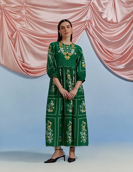 Forest Green Floral Maxi Dress with Embroidered Yoke — Pozruh