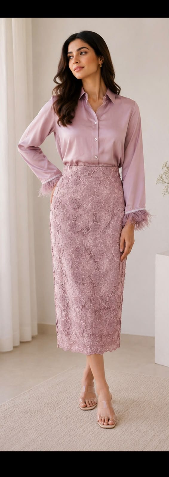 Blush Pink Satin Shirt With Lace Skirt — ANYSA