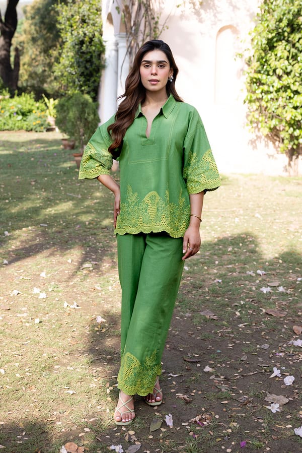 Green Linen Cotton Cutwork Embroidered Co-ord Set — INCHING INDIA