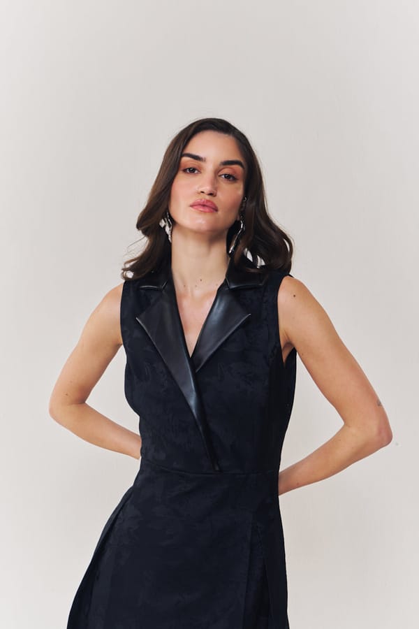 Midnight Jacquard Midi Dress With Leather Collar — HOUSE OF HEATHER