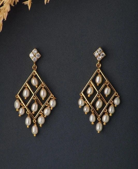 ?18kt Gold Plated 925 Silver Rhombus Lattice Drop Earrings featuring Freshwater Pearls & Lab-Grown Diamonds — Tarusm