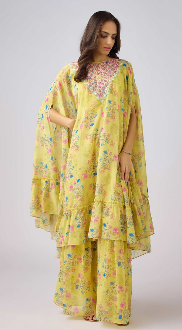 Yellow Floral Cape and Sharara 3-Piece Co-ord Set — Basanti Kapde aur Koffee