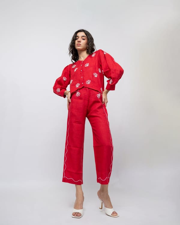 Red Linen Wide-Leg Cropped Trousers with Hand Beading — MAGIA