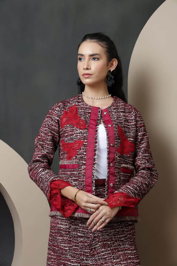 Burgundy Bouclé Cropped Jacket with Lace Applique — Rhe-Ana