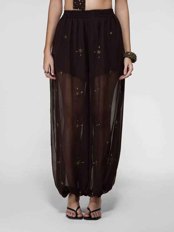 Brown Sheer Embroidered Balloon Pants — The Clothing Factory