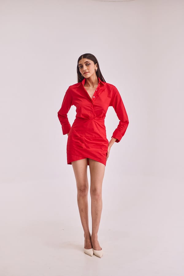Red Poplin Mini Shirt Dress with Concealed Button Placket — Urban Suburban