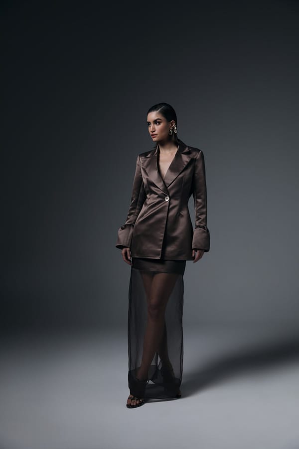 Brown Satin Blazer and Sheer Maxi Skirt Co-ord Set — BELONG