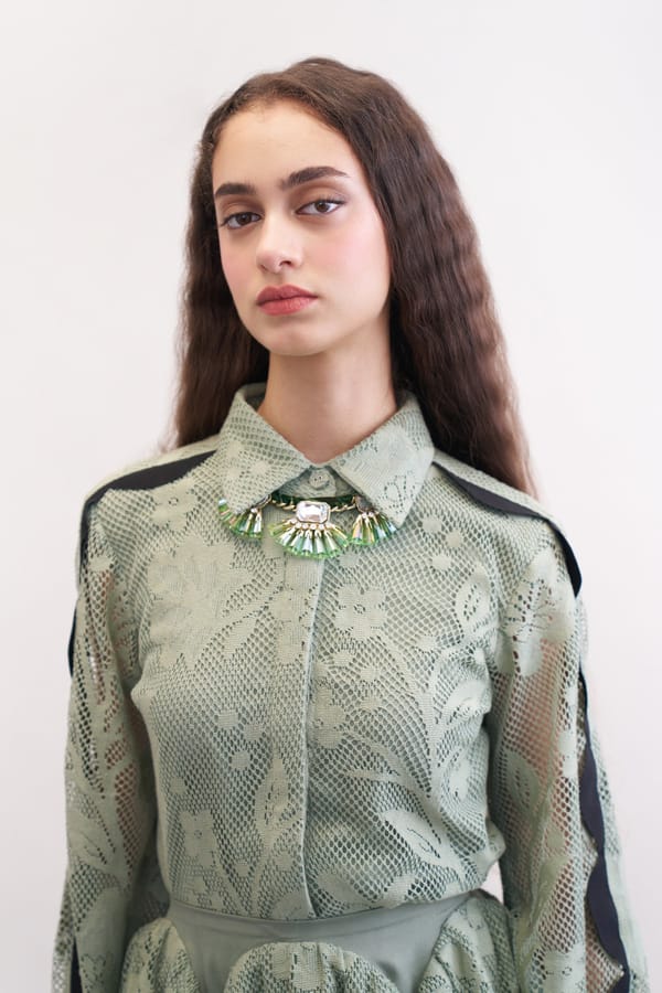 Olive Lace Button-Down Shirt with Contrast Scallop Detail — Our Love