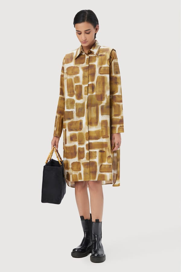 Ochre Abstract Print Shirt Dress with Pleated Shoulders — Genes Lecoanet Hemant