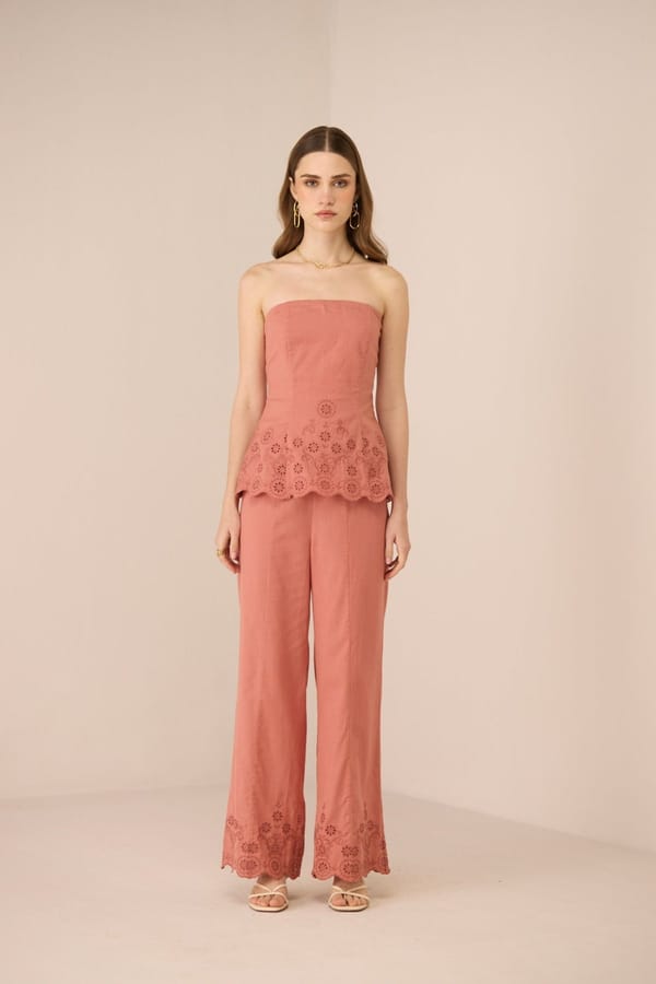 Coral Pink Wide-Leg Trousers with Scalloped Hem — Calling June