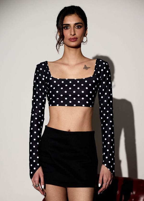 Black Polka Dot Square Neck Long Sleeve Crop Top — Lea Clothing