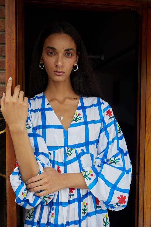 White and Blue Checked Tiered Dress with 3/4 Sleeves — HAPPI SPACE