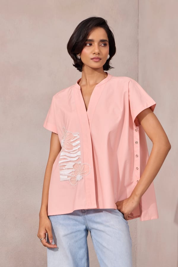 Sunset Pink Cotton Poplin V-Neck Applique Shirt — 63East