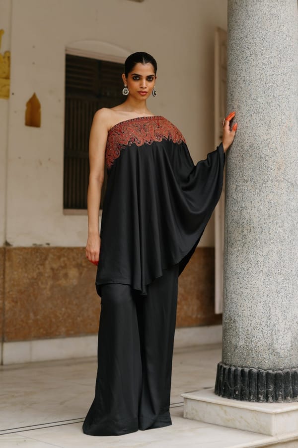 Black One-Shoulder Embroidered Co-ord Set — INCHING INDIA