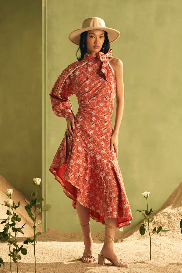 Carrot Orange One-Shoulder Printed High-Low Midi Dress — BOHO-CHIC