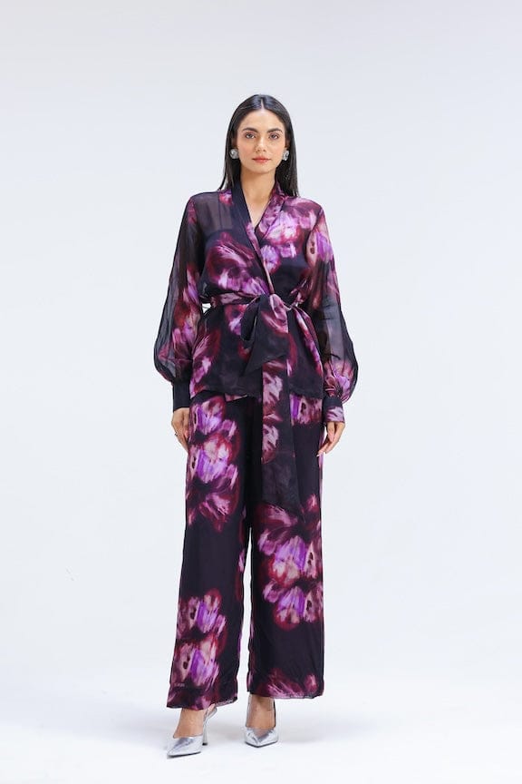 Plum Printed Organza Wrap Jacket and Straight Pants Co-ord Set — STUDIO SURBHI