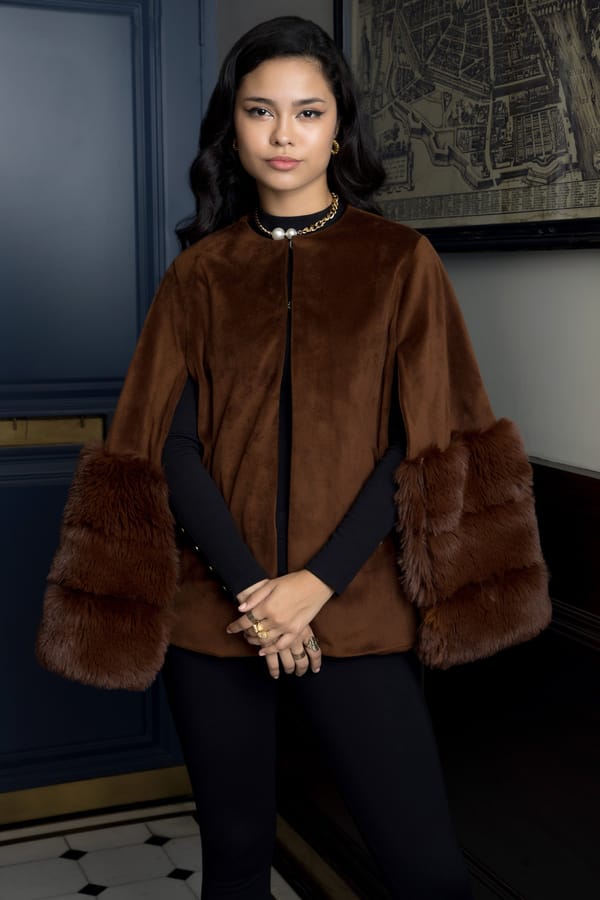 Coffee Brown Velvet Cape with Faux-Fur Trim — Rhe-Ana