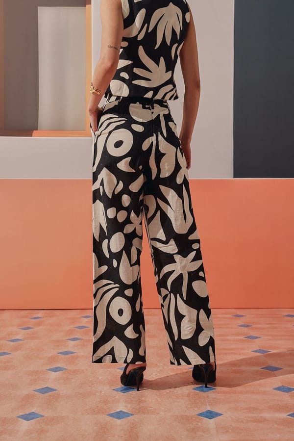 Black and Cream Abstract Print Wide-Leg Trousers — Sage by Mala