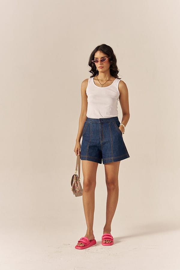 Blue Cotton Denim Flared Relaxed-Fit Shorts — Spacelines