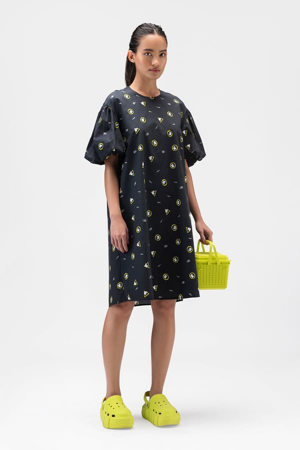 Black Graphic Print A-Line Knee-Length Dress with Open Back — Genes Lecoanet Hemant