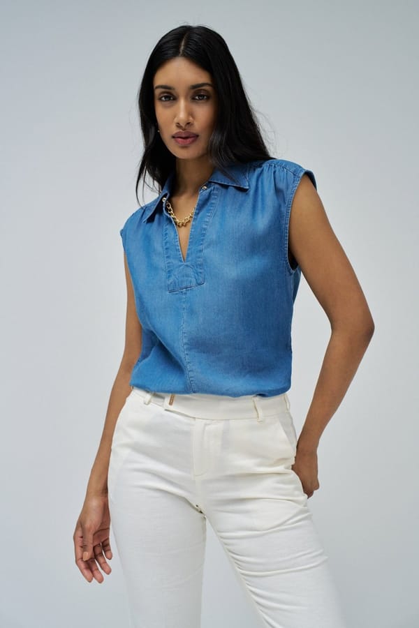 Light Wash Sleeveless Collared V-Placket Top — SALSA JEANS