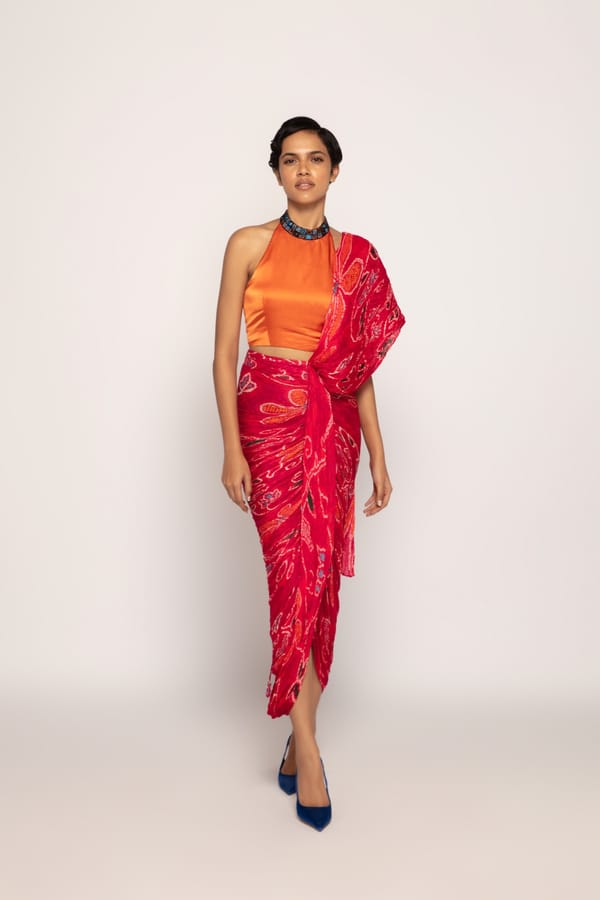 Orange Silk Halter Neck Crop Blouse with Mirror Work — Saaksha and Kinni