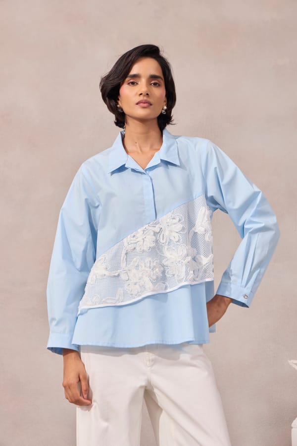 Frost Blue A-Line Poplin Shirt with Net Applique Overlay — 63East